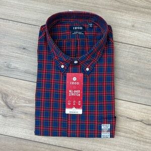 NWT Izod Men's Red and Navy Plaid Button Down Shirt - Size XXL 18-18.5 34/35